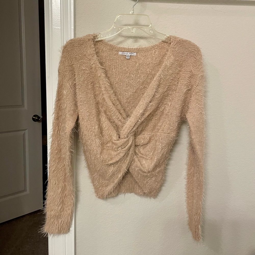 Ivory Rose Twist-Front Fuzzy Sweater